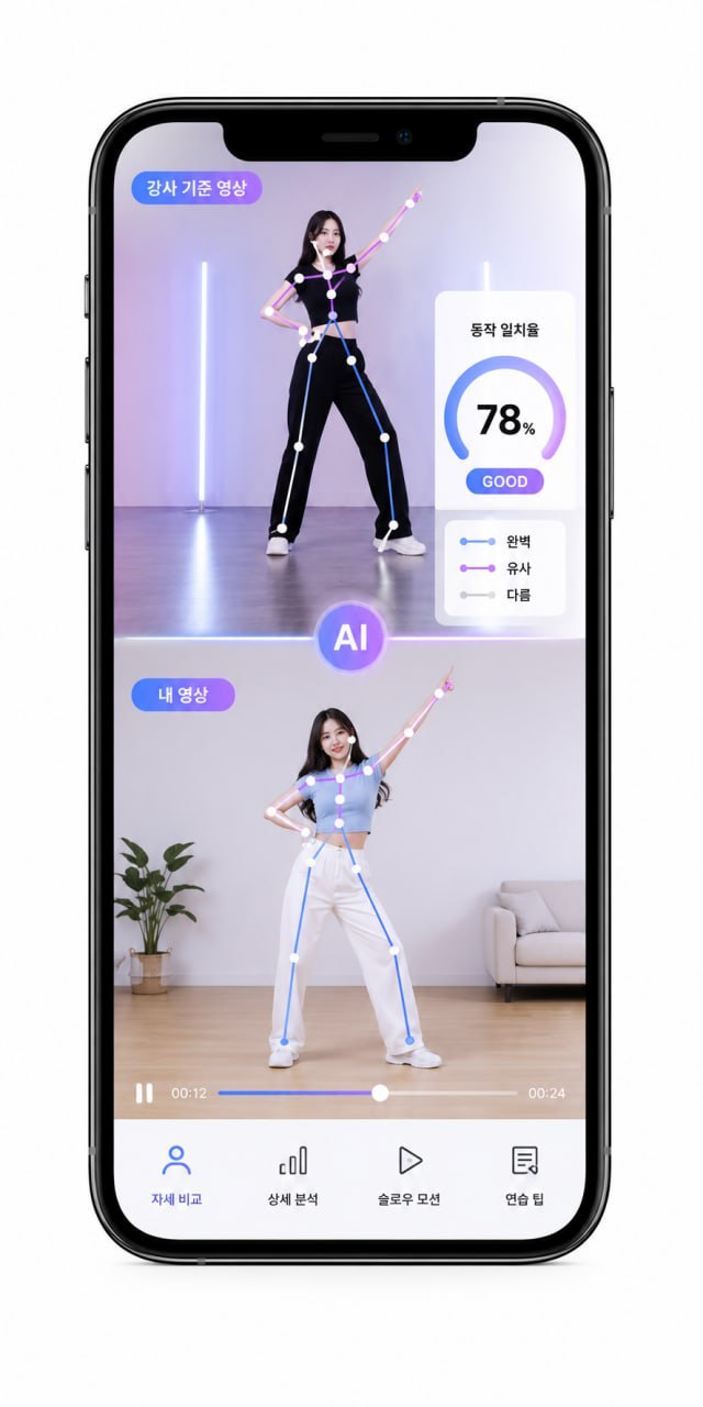 강사 기준 영상과 내 영상을 AI 스켈레톤으로 비교해 동작 일치율 78%를 보여주는 앱 화면